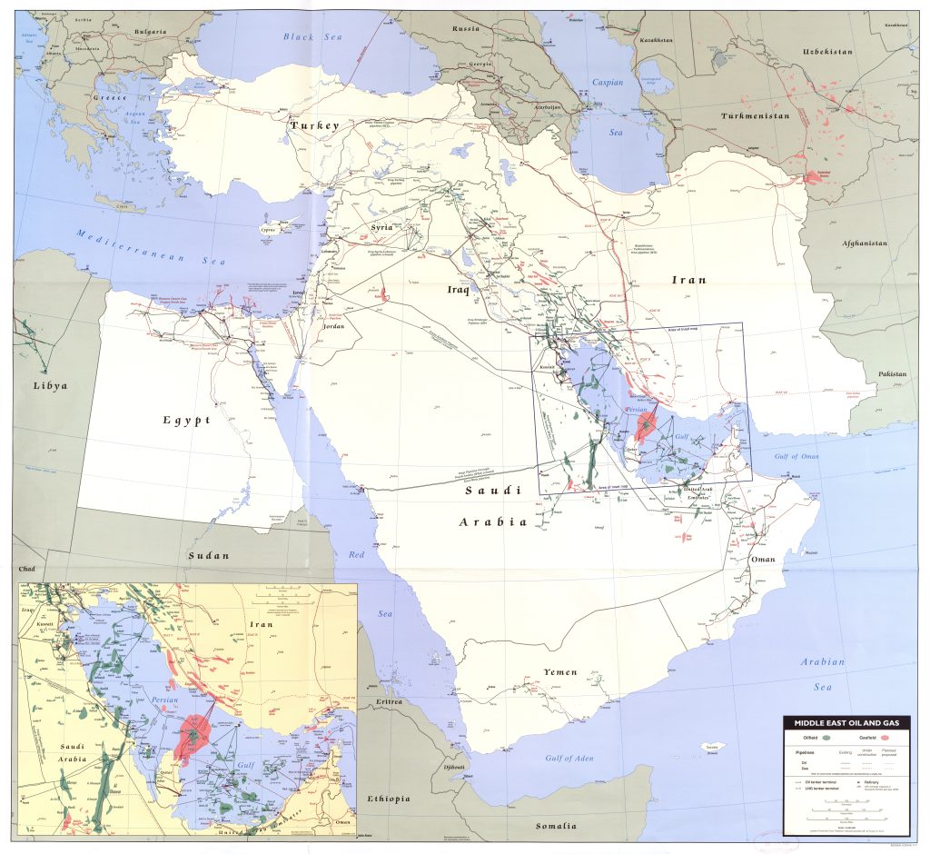 Mapa del petróleo y gas de Oriente Medio.