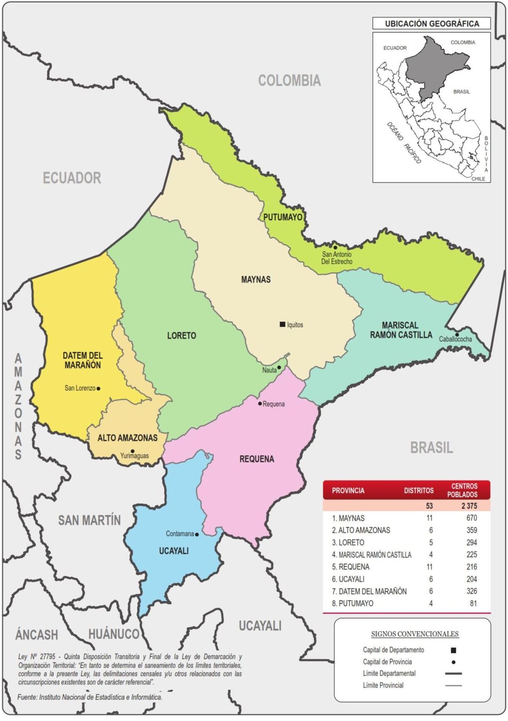 Mapa de las provincias del departamento de Loreto.