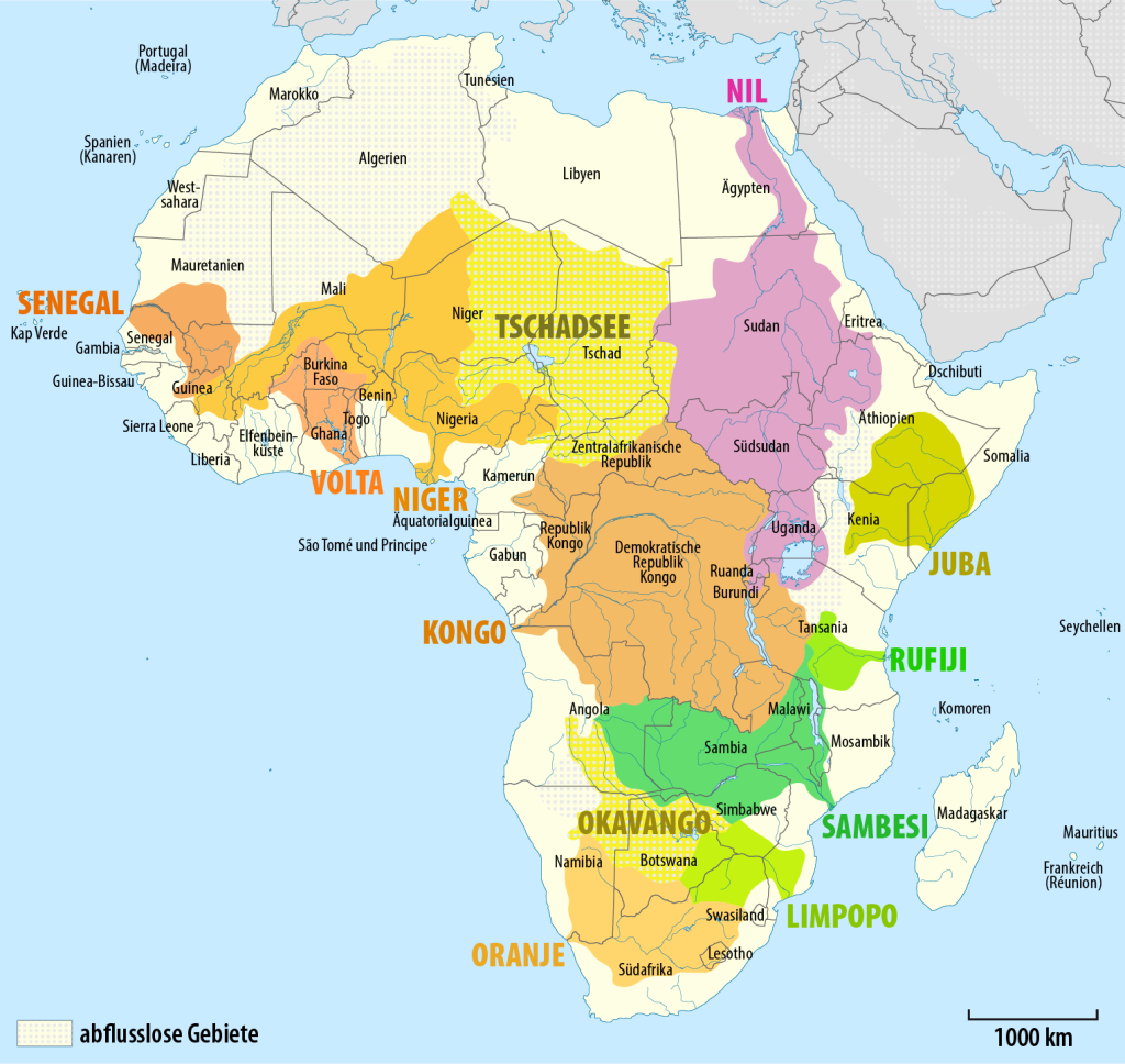 Mapa de los principales sistemas fluviales de África.