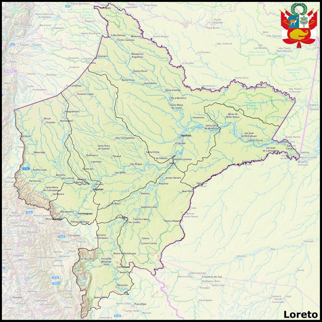 Mapa de las principales ciudades del departamento de Loreto.