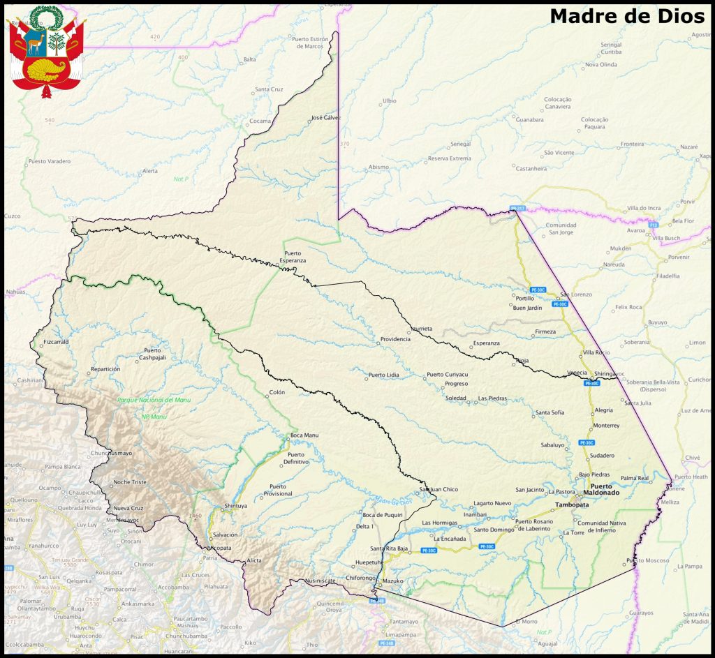 Mapa de las principales ciudades del departamento de Madre de Dios.