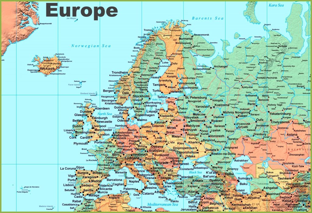 Mapa de las principales ciudades de Europa.