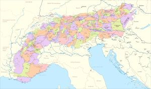 Mapa de las cordilleras de los Alpes.