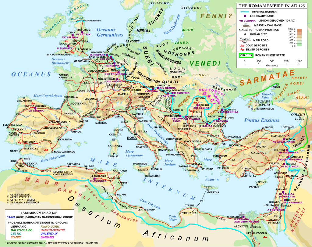 Mapa del Imperio romano en la época del emperador Adriano (125 d.C.).