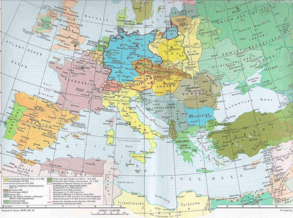 Mapa de Europa de entreguerras, 1918–1939.