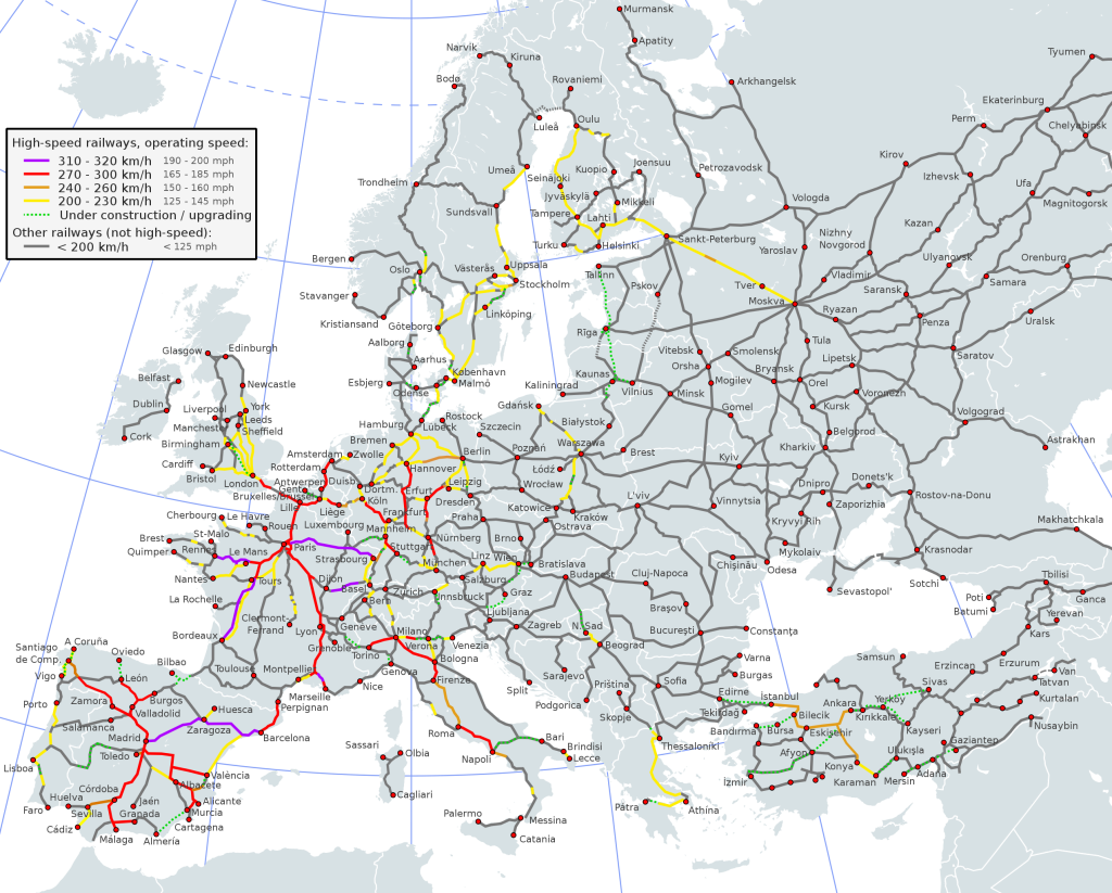 Mapa de la red ferroviaria de alta velocidad en Europa en 2013.