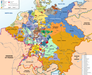 Mapa del Sacro Imperio Romano Germánico justo antes de la Revolución Francesa de 1789.
