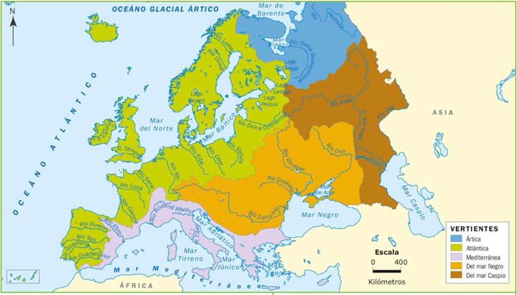 Mapa de las cuencas hidrográficas y ríos principales europeos.