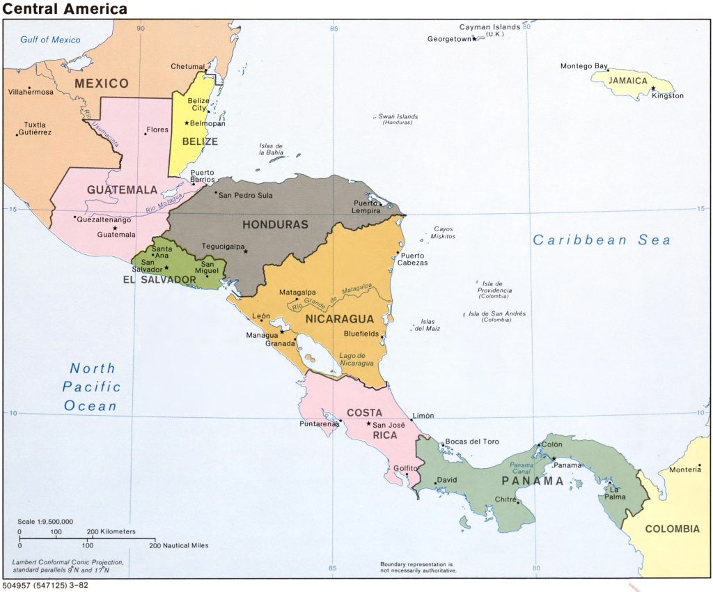 Mapa de los países de Centroamérica.