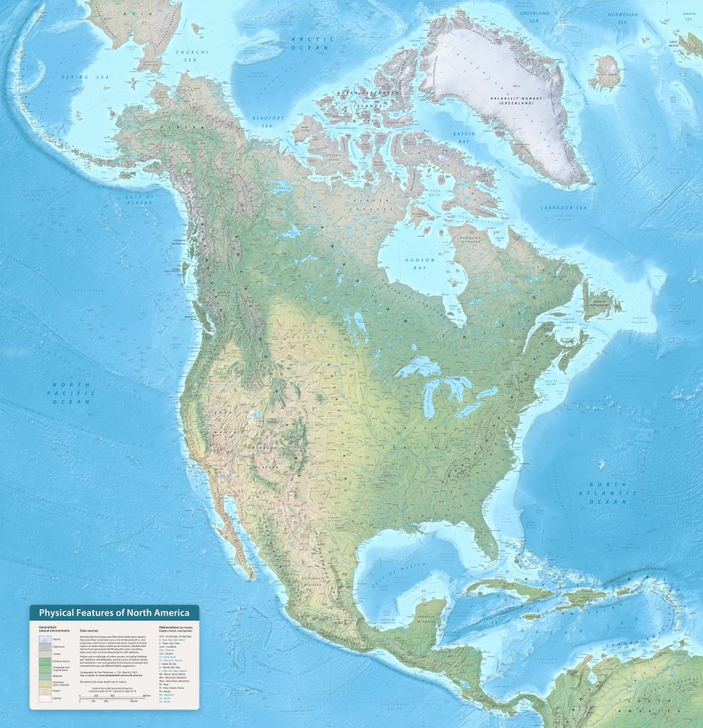Mapa físico de América del Norte.
