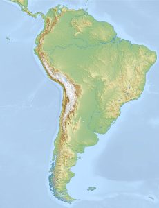 Mapa físico en blanco de América del Sur.