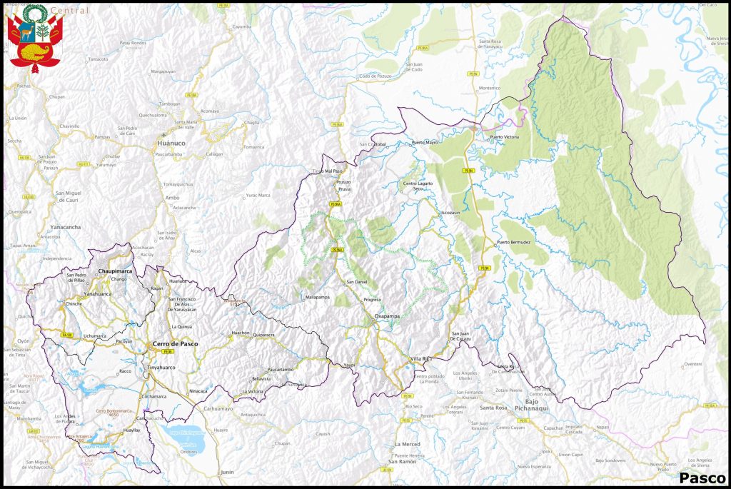 Mapa de las principales ciudades del departamento de Pasco.