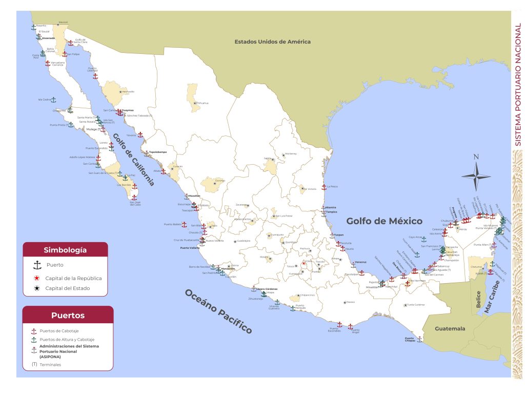 Mapa de los puertos marítimos de México.