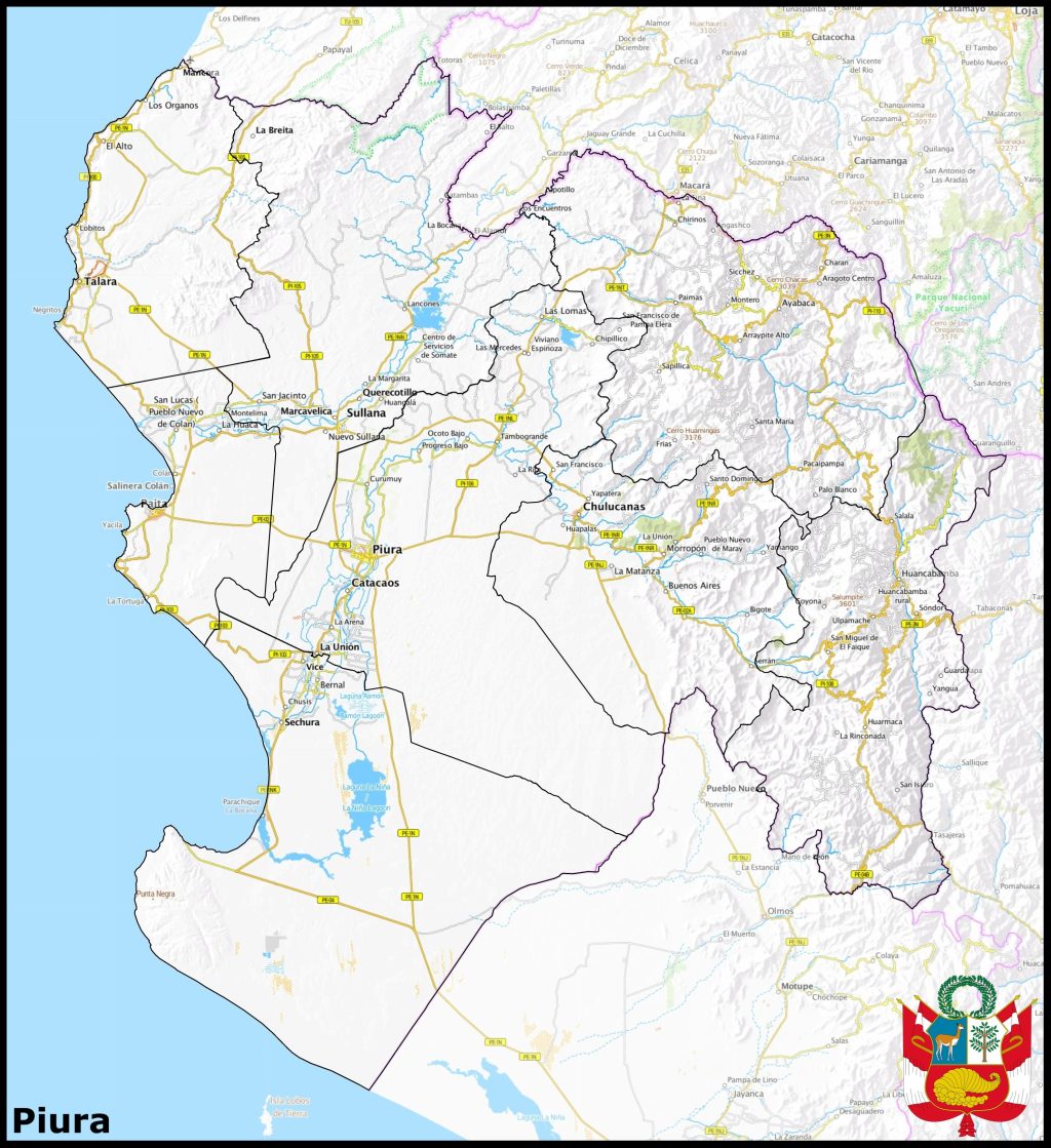 Mapa de las principales ciudades del departamento de Piura.