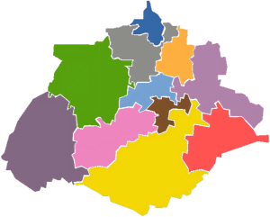 Mapa en blanco de los municipios del estado de Aguascalientes.