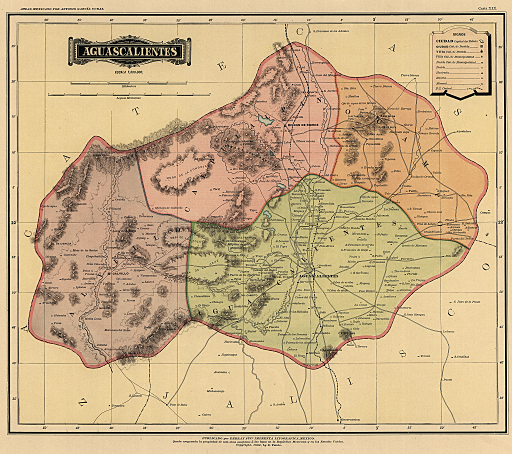 Mapa del Estado de Aguascalientes de 1884.