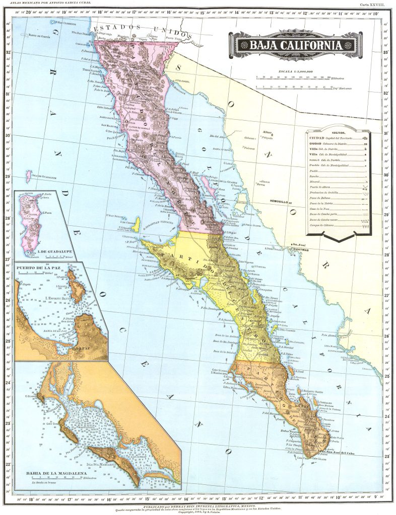 Mapa de la península de Baja California de 1886.