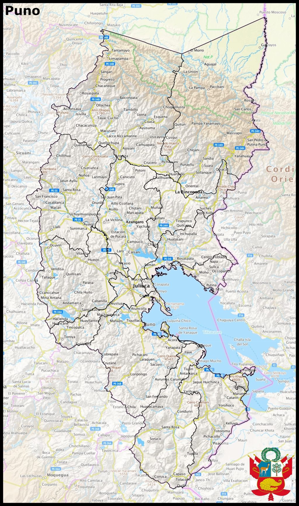 Mapa de las principales ciudades del departamento de Puno.