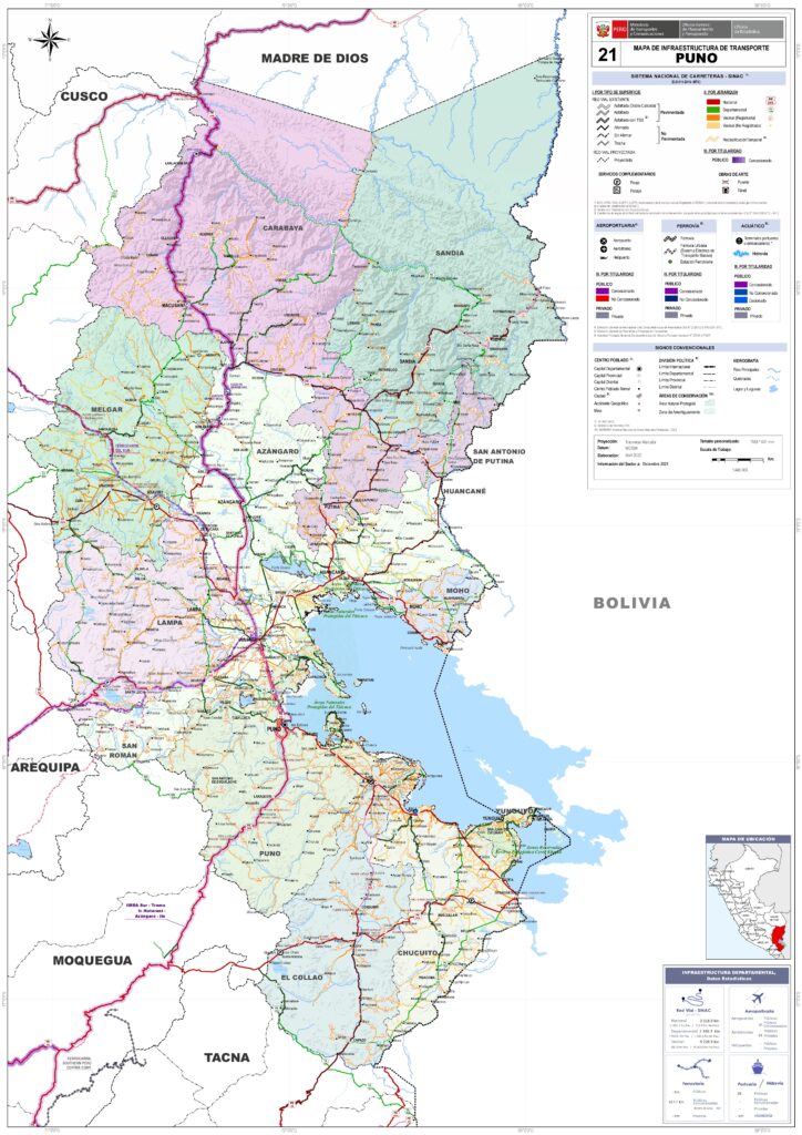 Mapa de las principales ciudades del departamento de Puno.