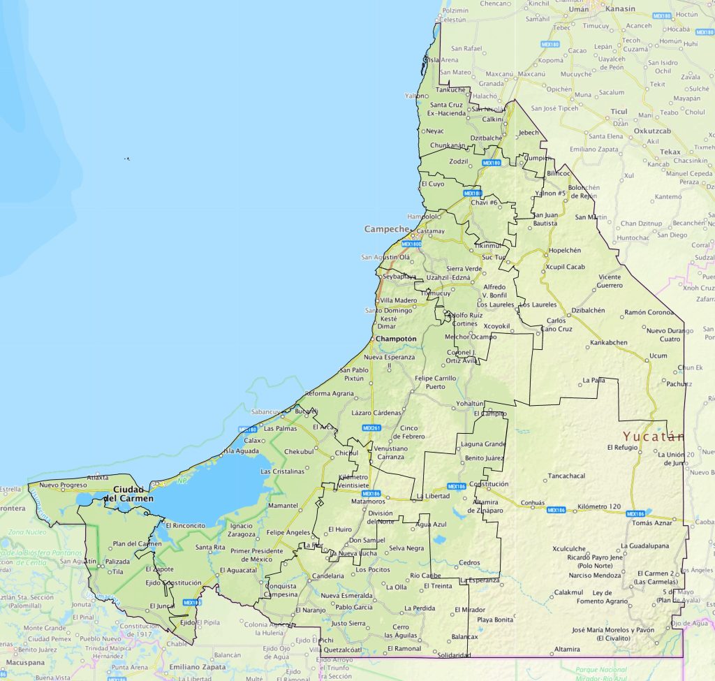 Mapa de las principales ciudades del estado de Campeche.