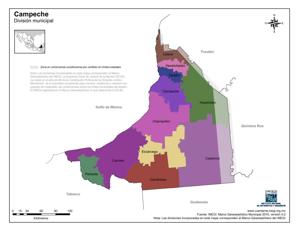 Mapa de los municipios del estado de Campeche.