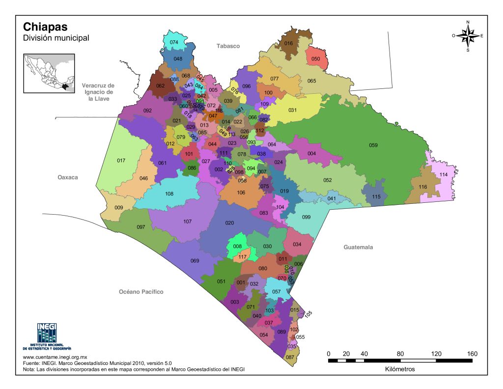 Mapa de los municipios de Chiapas.