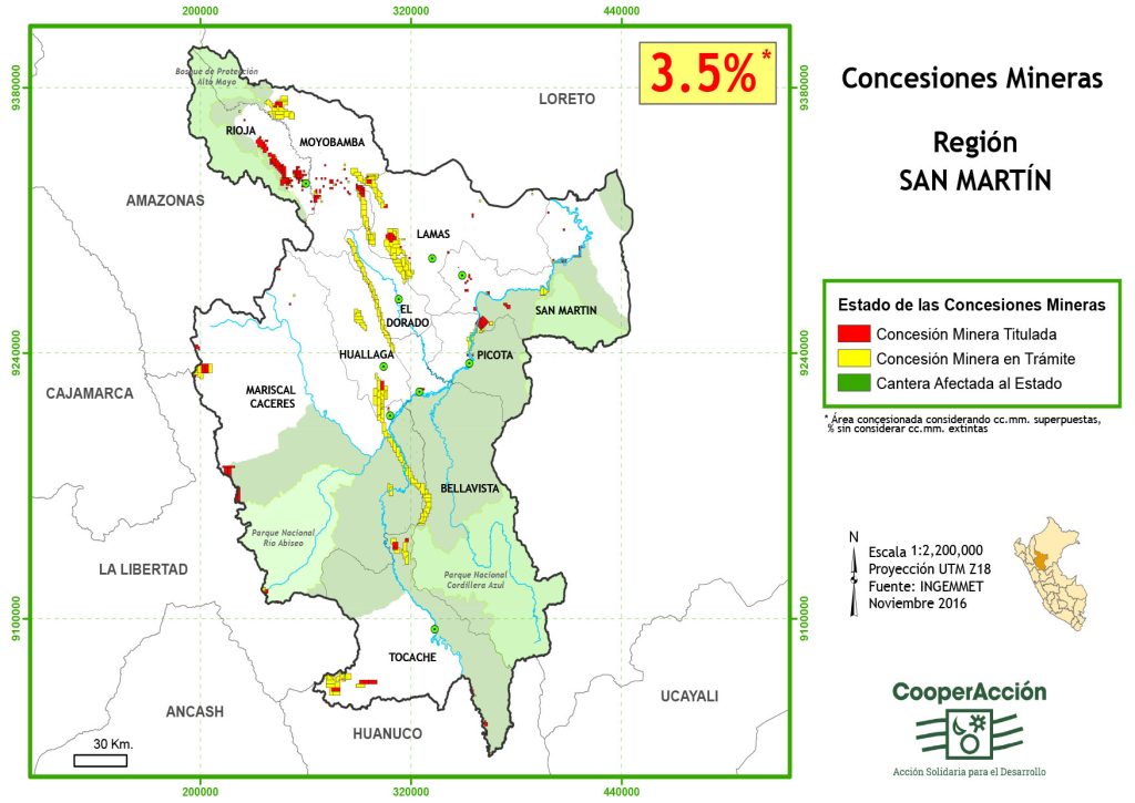 Concesiones mineras en el departamento de San Mart&iacute;n noviembre 2016.