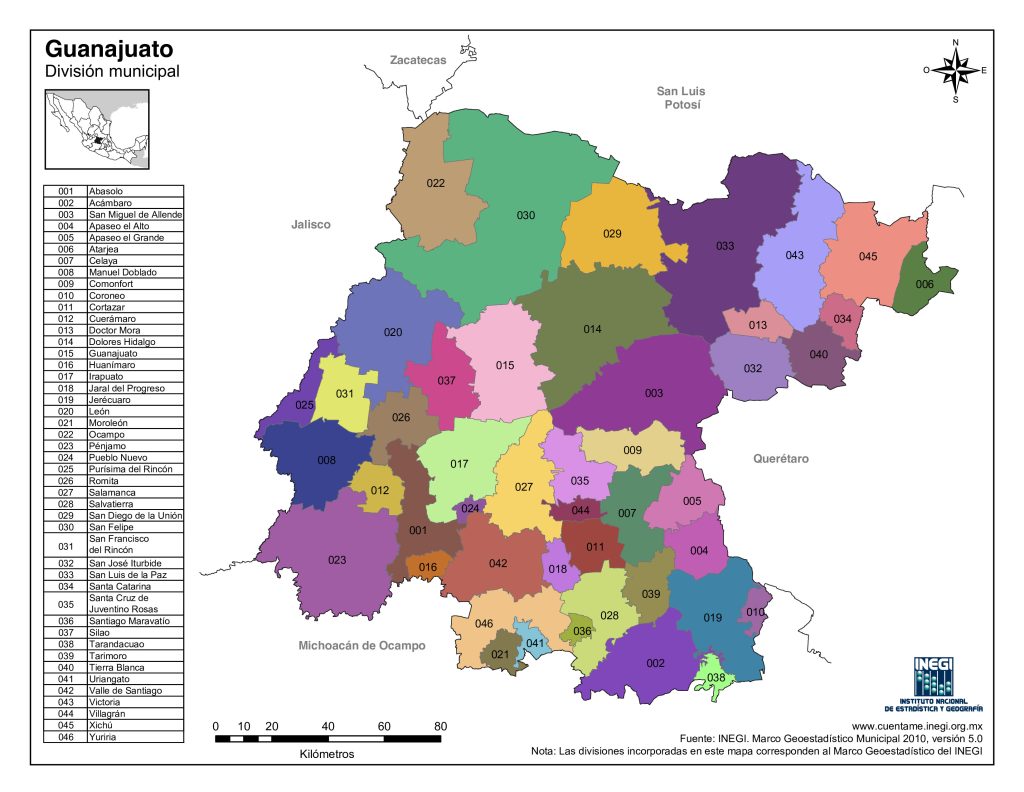 Mapa de los municipios del estado de Guanajuato.
