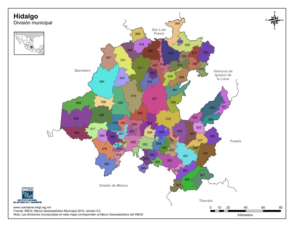 Mapa de los municipios de Hidalgo.