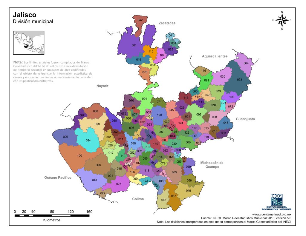 Mapa de los municipios de Jalisco.