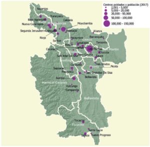 Mapa de los centros poblados y población en el departamento de San Martín.