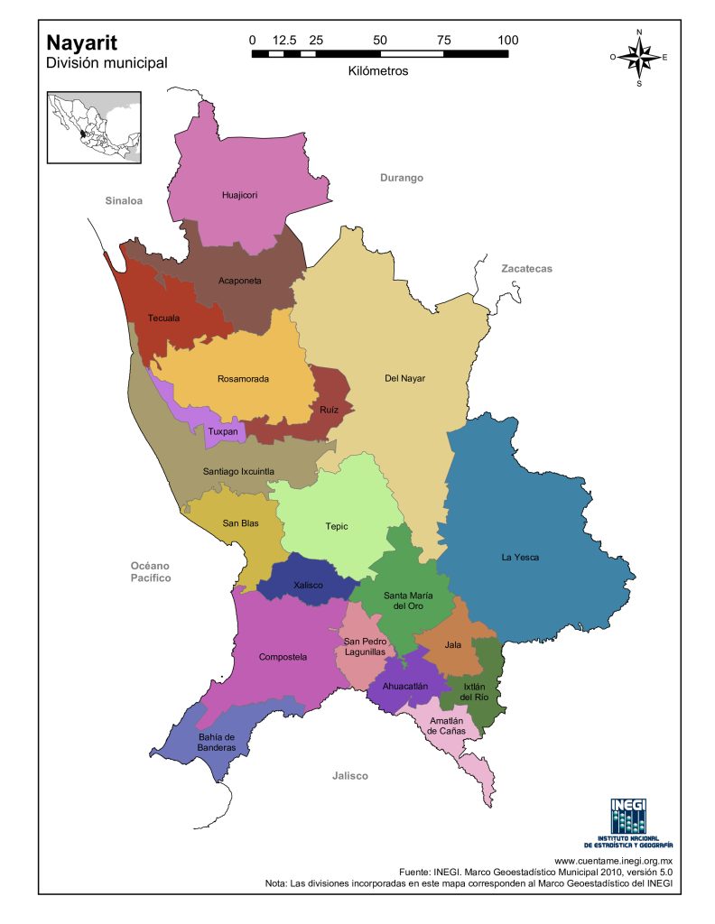 Mapa de los municipios de Nayarit.