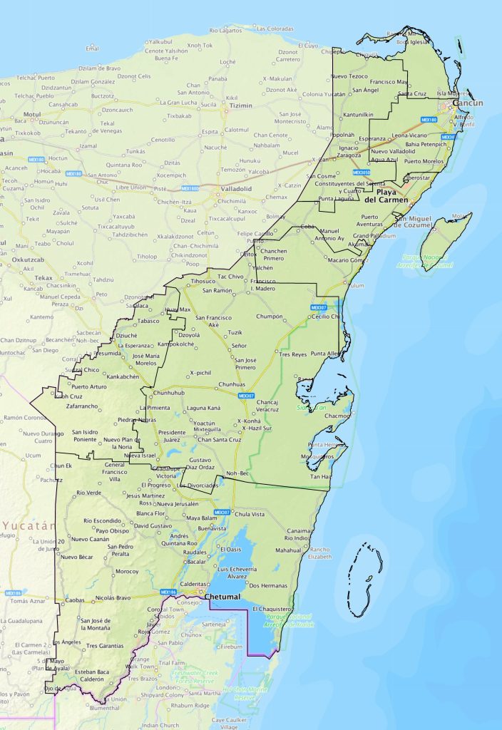 Mapa de las principales ciudades de Quintana Roo.