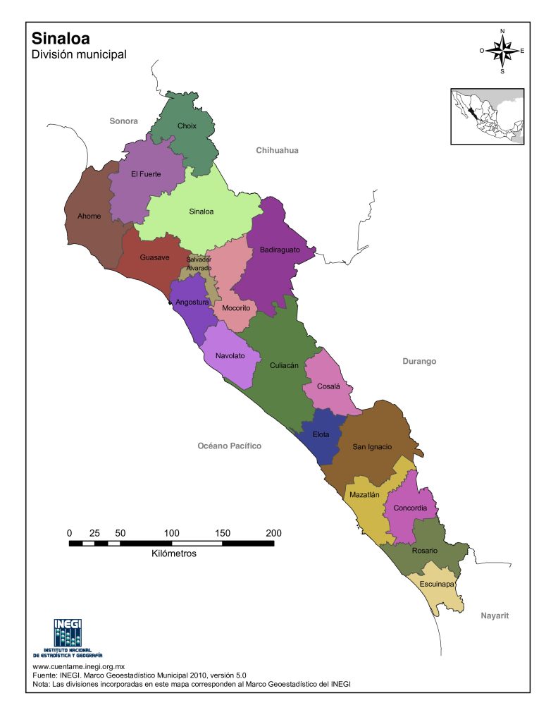 Mapa de los municipios de Sinaloa.