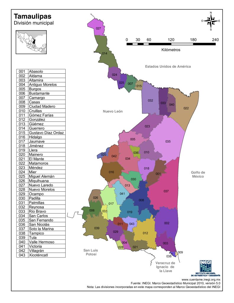 Mapa de los municipios de Tamaulipas.