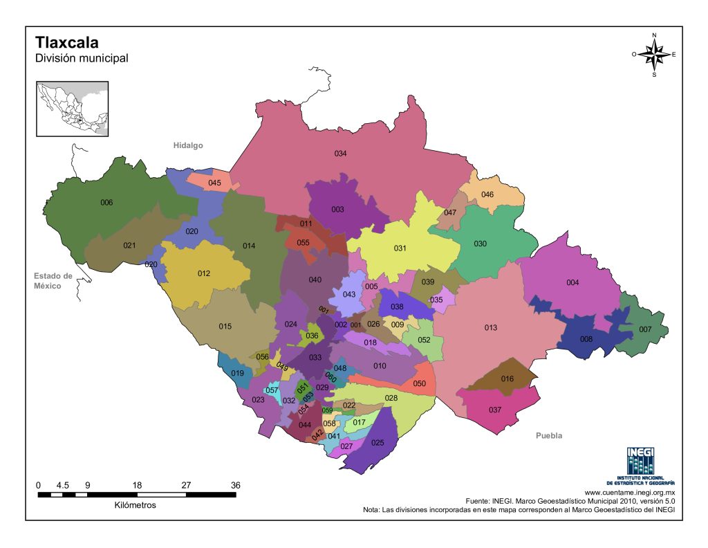Mapa de los municipios del estado de Tlaxcala.