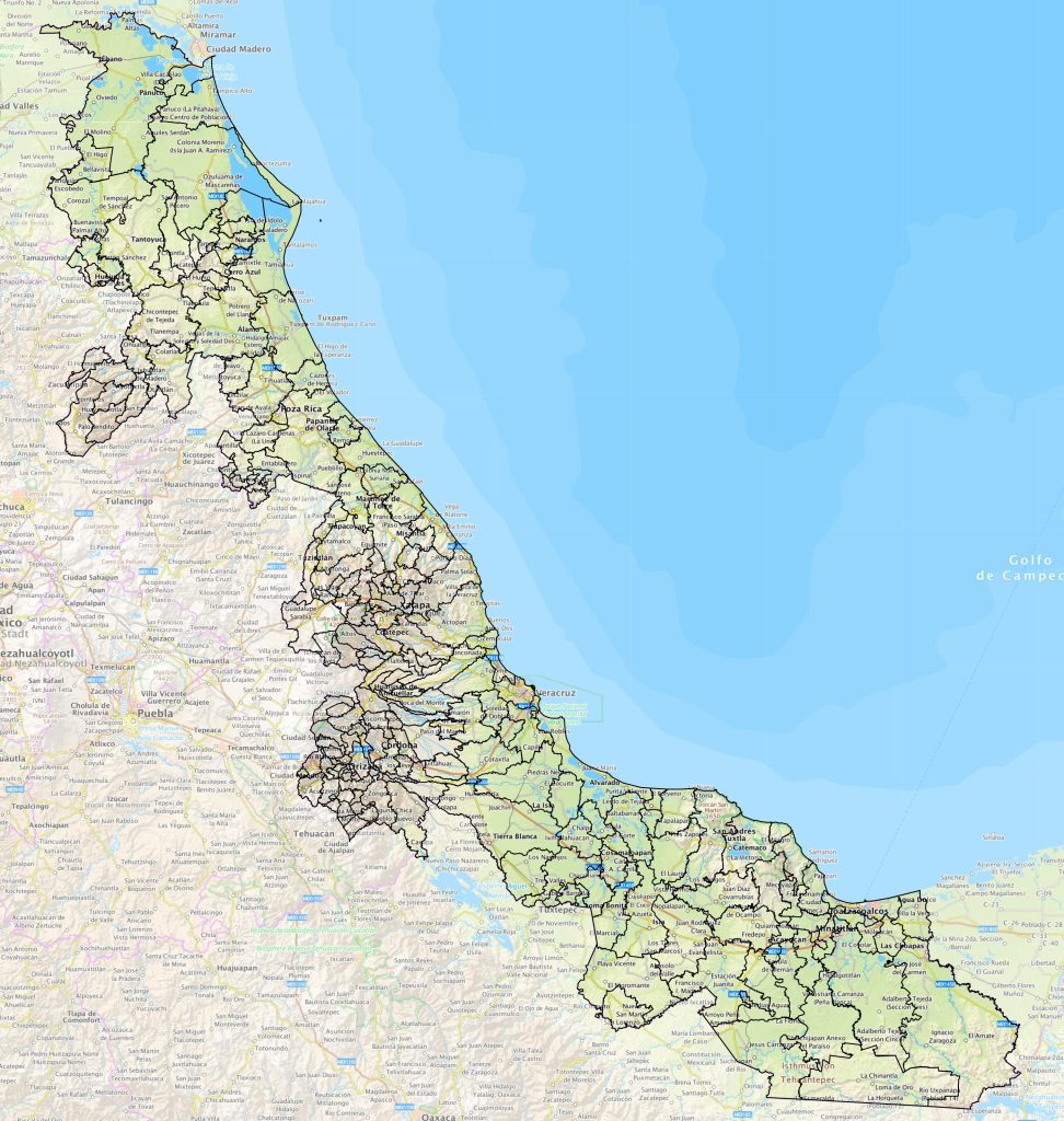 Mapa de las principales ciudades del estado de Veracruz.