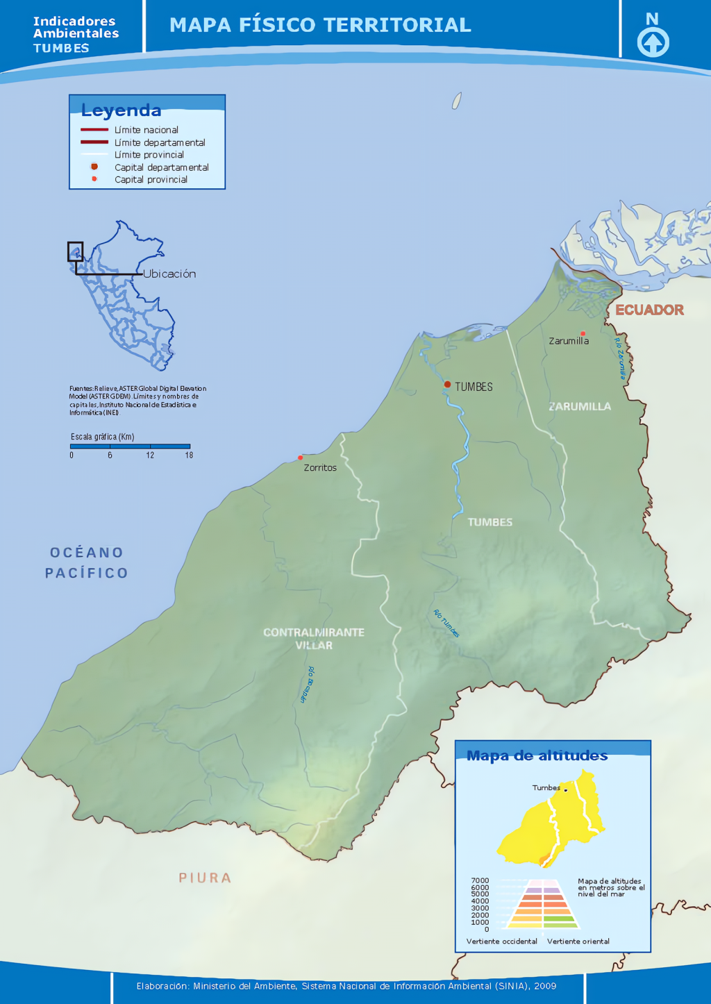 Mapa f&iacute;sico del departamento de Tumbes.