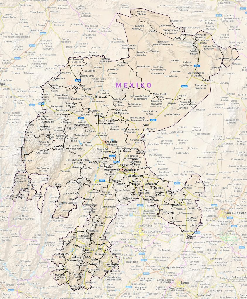 Mapa de las principales ciudades del estado de Zacatecas.