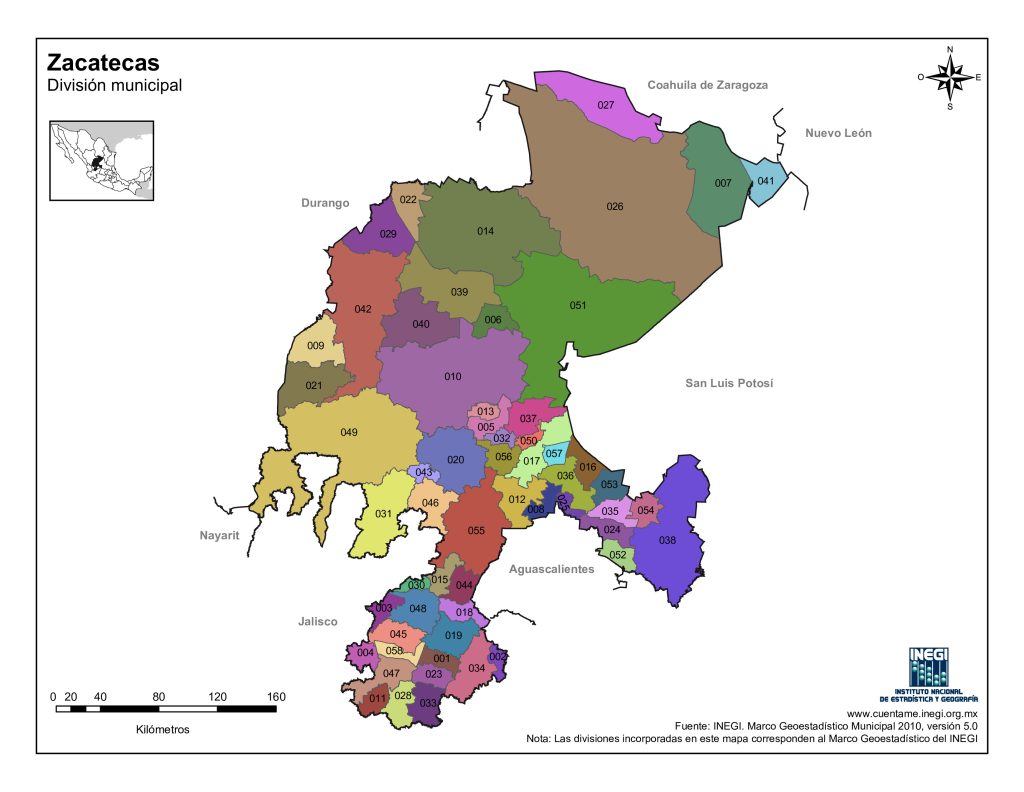Mapa de los municipios del estado de Zacatecas.
