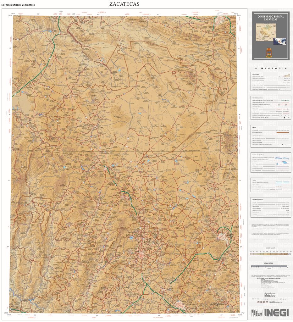 Mapa físico del estado de Zacatecas.