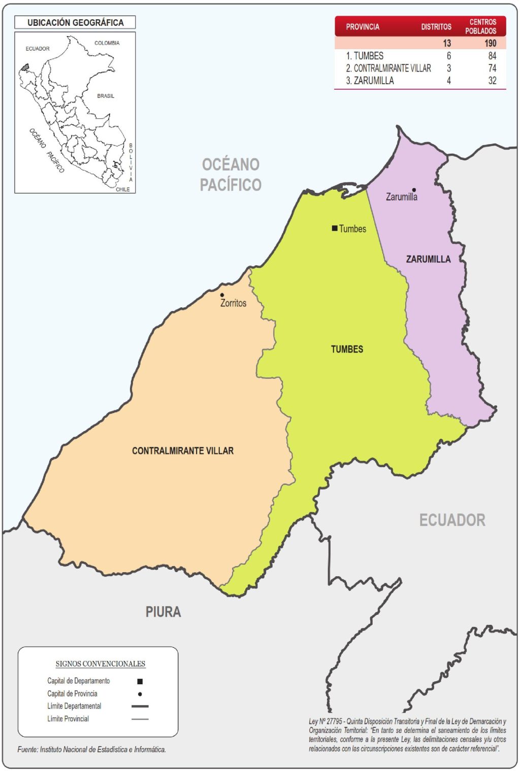 Mapa de las provincias del departamento de Tumbes.