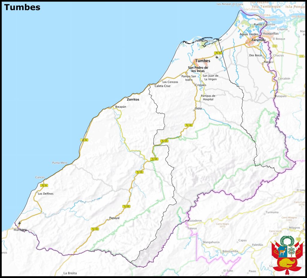 Mapa de las principales ciudades del departamento de Tumbes.