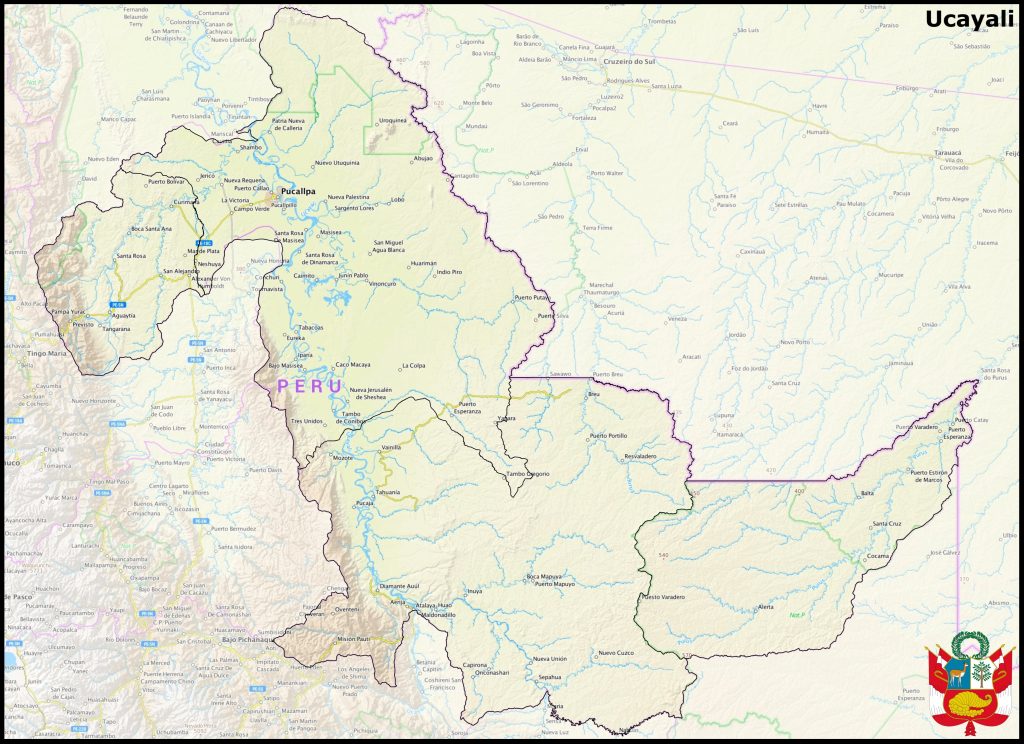 Mapa de las principales ciudades del departamento de Ucayali.