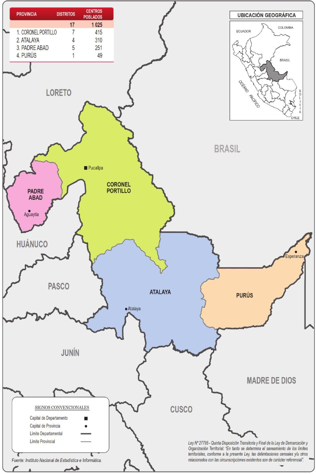 Mapa de las provincias del departamento de Ucayali.