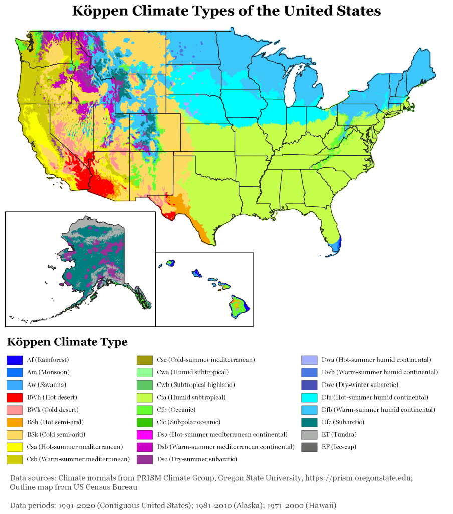 Mapa climático de Estados Unidos.