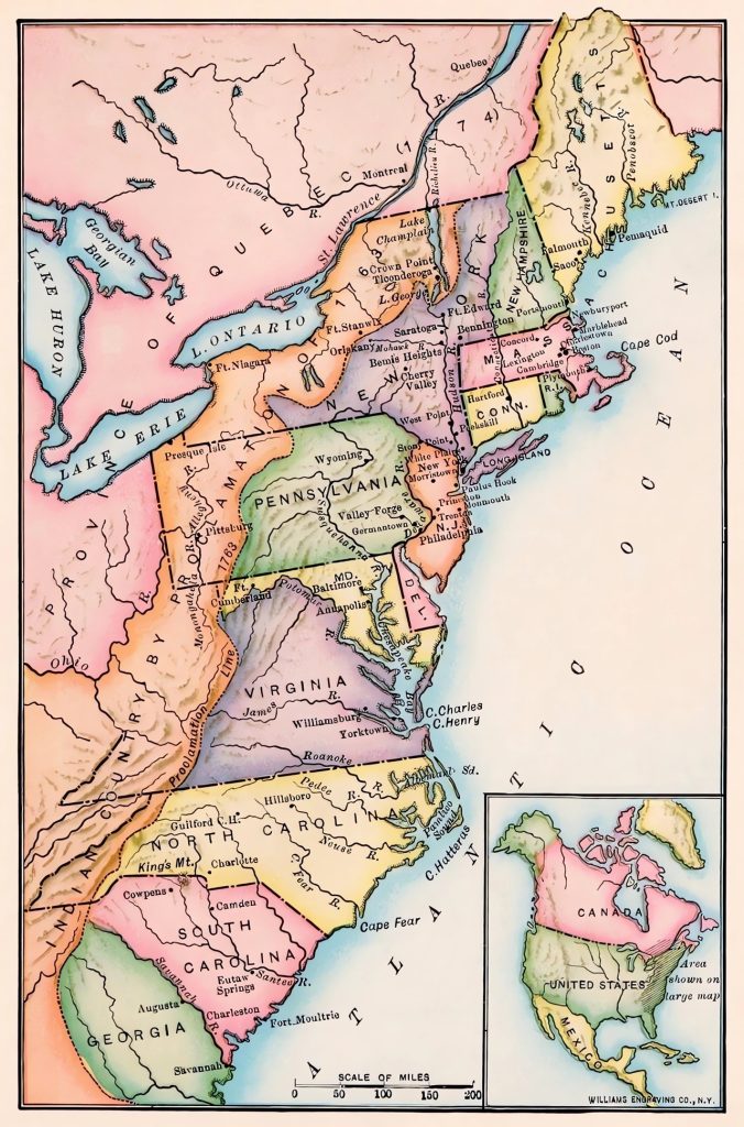 Mapa de las Trece Colonias.