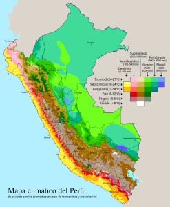 Mapa climático del Perú de acuerdo con la media anual de temperatura y precipitaciones. Mapa climático del Perú de acuerdo con la media anual de temperatura y precipitaciones.