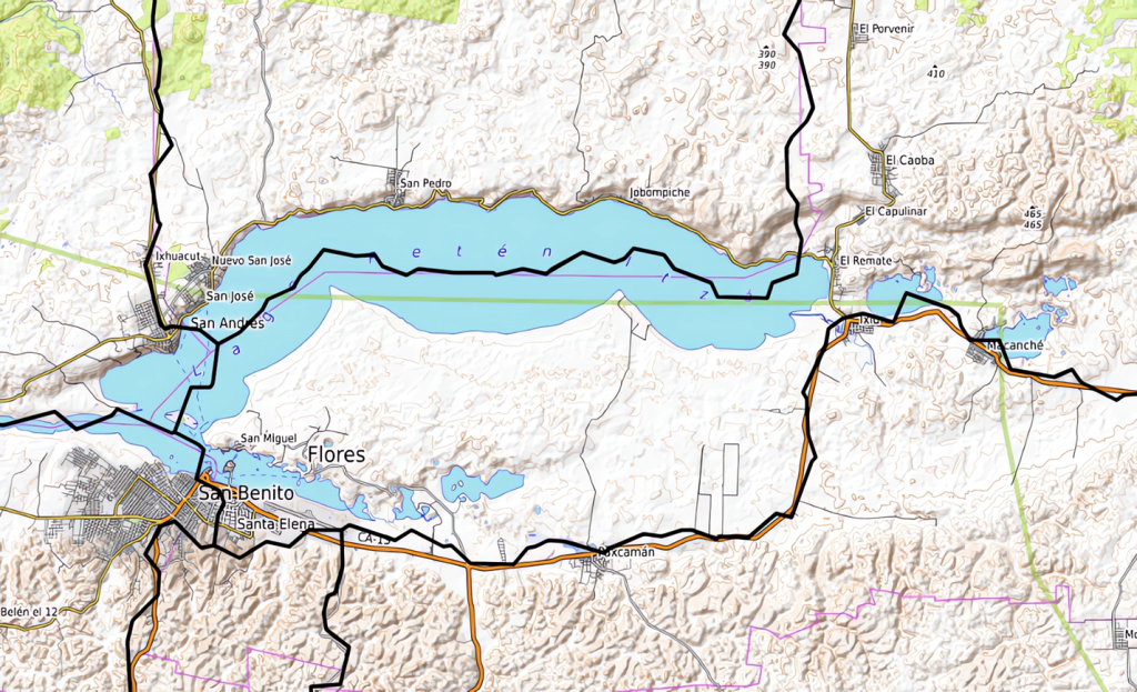 Mapa del lago Petén Itzá.
