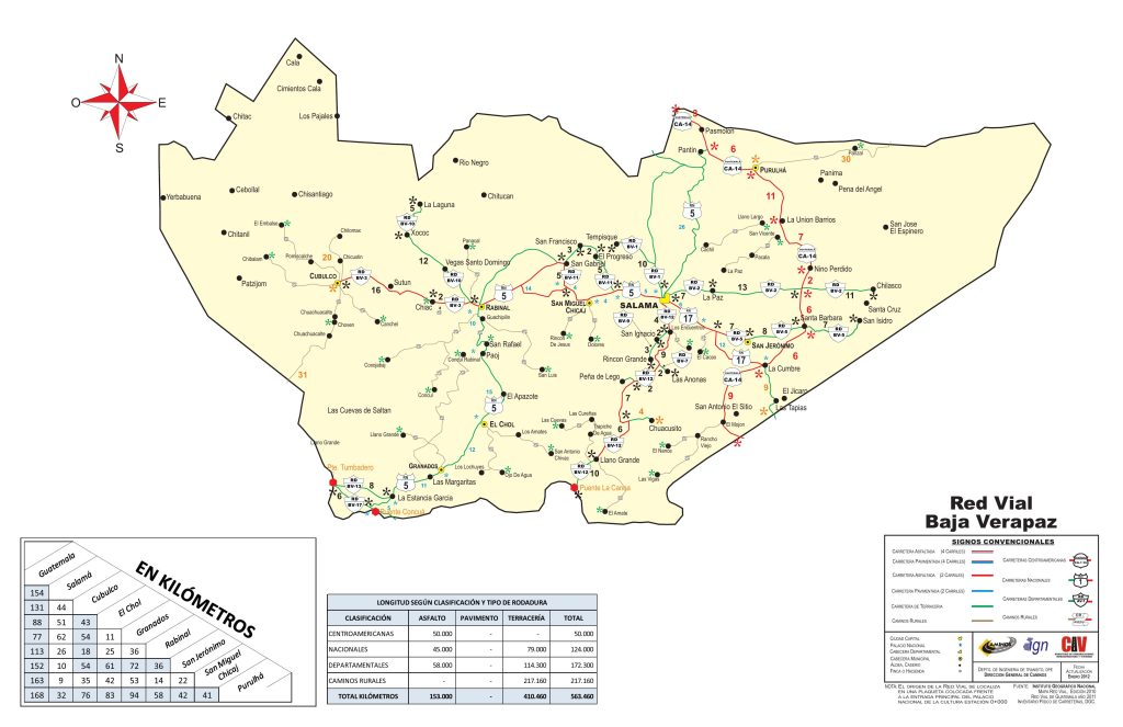 Mapa de carreteras del Departamento de Baja Verapaz.